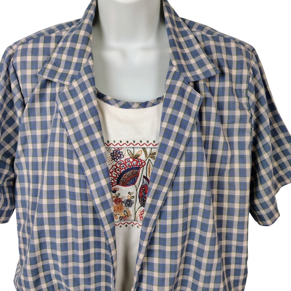 Alfred Dunner Womens PL Gingham Embroidered Layered Top Blue Cottagecore